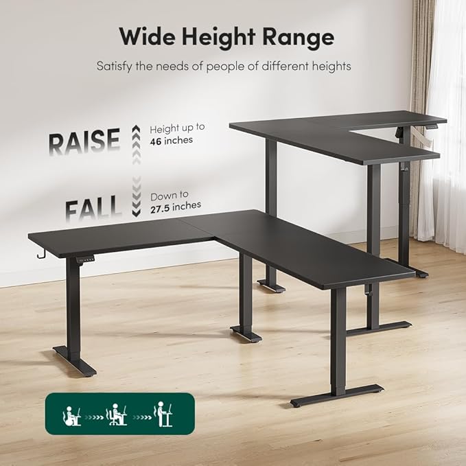 FEZIBO 75x63 L Shaped Standing Desk Electric Height Adjustable L Shaped Desk Suitable for Home Office Black