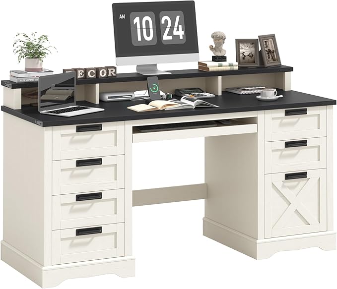 60 Farmhouse Executive Desk with 8 Drawers Wood Computer Desk with Keyboard Tray and Charging Station Home Office Desk Writing with File Drawer Fits A4 Size for Work and Study White and Black