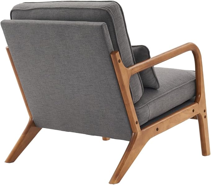Accent Chair Mid-Century Linen Fabric Upholstered Leisure Armchair with Lumbar Pillow and Solid Wood Legs Comfy Single Sofa Chair Reading Chair for Living Room Bedroom Office Dark Grey