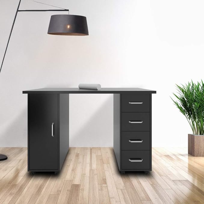 Rolling Office Desk Computer Desk with Drawers Mobile Study Writing Desks for Home with Storage Desks &amp Workstations for Home Office Desk Space Saving Compact Desk Black 120 x 54 x 81cm (L x W