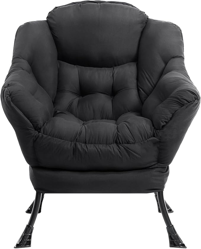 HollyHOME Lazy Chair with Foldable Ottoman Accent Comfy Lounge Armchair and Folding Footrest Stool Leisure Sofa Reading Chair and Footstool for Living Room Bedroom DormPeachskin Fabric Black