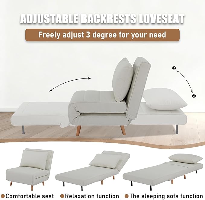 3 in 1 Sleeper Chair Bed Foldable Convertible Chair with Thickened Cushion and Sponge OTE Chenille Fabric Adjustable Backrest Upholstered Accent Sofa for Apartment/Bedroom/Office - Beige White