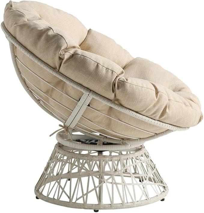Pemberly Row Accent Chair Cream Wicker Weave with Round Fabric Pillow Cushion 360° Swivel Resin Wicker Metal Frame 40 W x 36 D x 35.25 H Casual Living Room or Dorm Seating