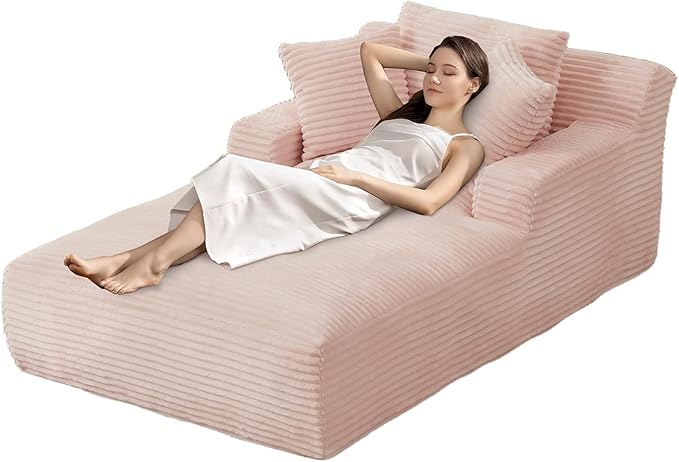 80 Inch Oversized Chaise Lounge Chair IndoorBoneless Corduroy Sofa Bed with Spring CushionDeep Seat Cloud Couch and Reading LoungerSoft Sleeper Sofa for Living RoomNo Assembly Required (Pink)