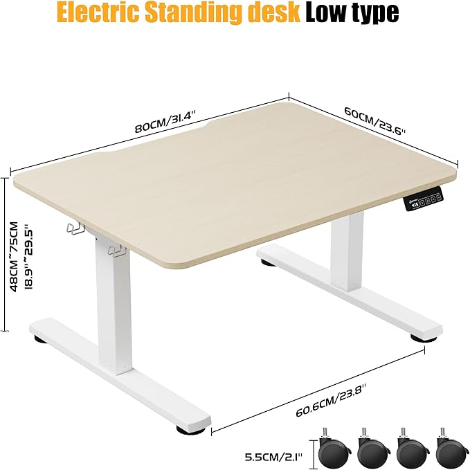 ERGOMAKER Low Height Adjustable Desk with Lockable Wheels Lifts 18.9-29.5 31.5 x 23.6 Electric Small Standing Desk with Splice Board for Home Office &amp Short People(White Frame Gold Oak Desk