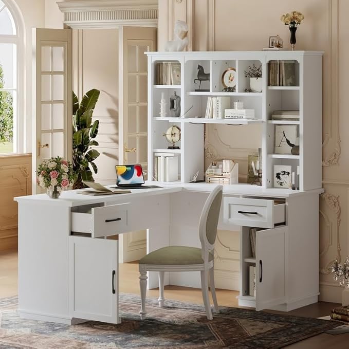 Polibi L-Shaped Computer Desk with Storage - 2-in-1 Design with 2 Drawers and 2 Cabinets 11 Open Shelves &amp Power Outlet for Home Office Study Room White