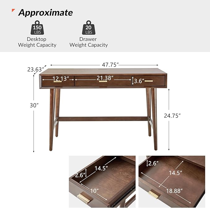 HULALA HOME 47 Writing Desk with 3 Drawers Wood Office Desk with USB Charging Staion Vintage Office Desk with Cable Management(Walnut)