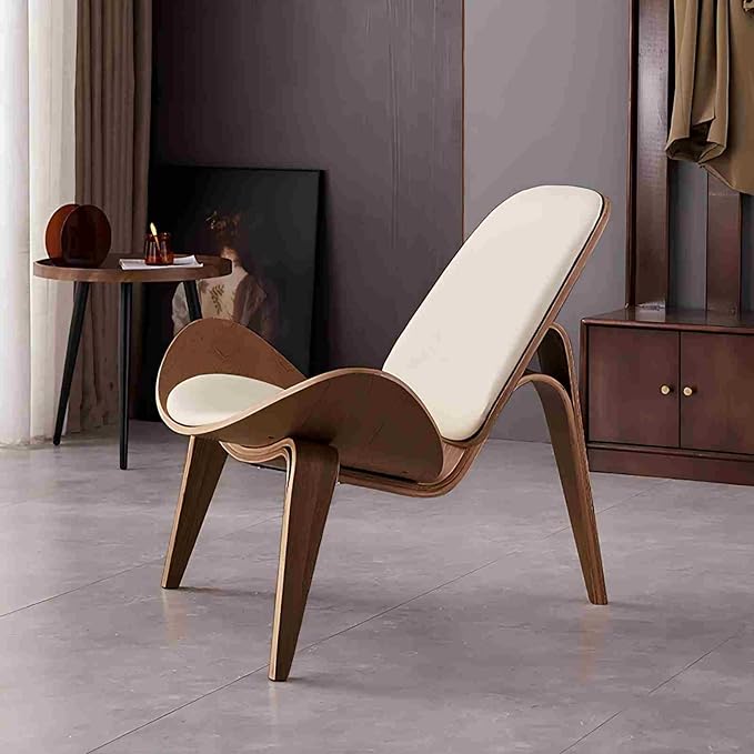 homary Leather Walnut Tripod Accent Chair High Back Lounge Chair with Soft Faux Leather Seat Sturdy Wood Frame for Living Room Bedroom (Black) (White)