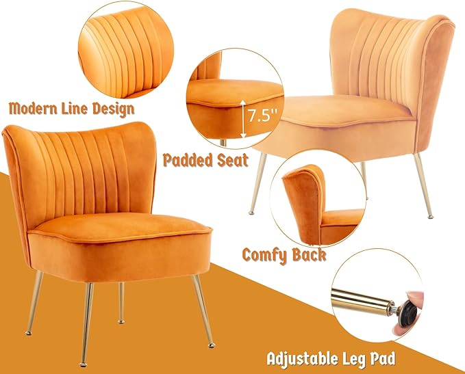 CIMOTA Velvet Accent Chairs Set of 2 Modern Armless Slipper Wingback Single Sofa Side Comfy Corner Chair with Golden Legs for Living Room Bedroom Orange