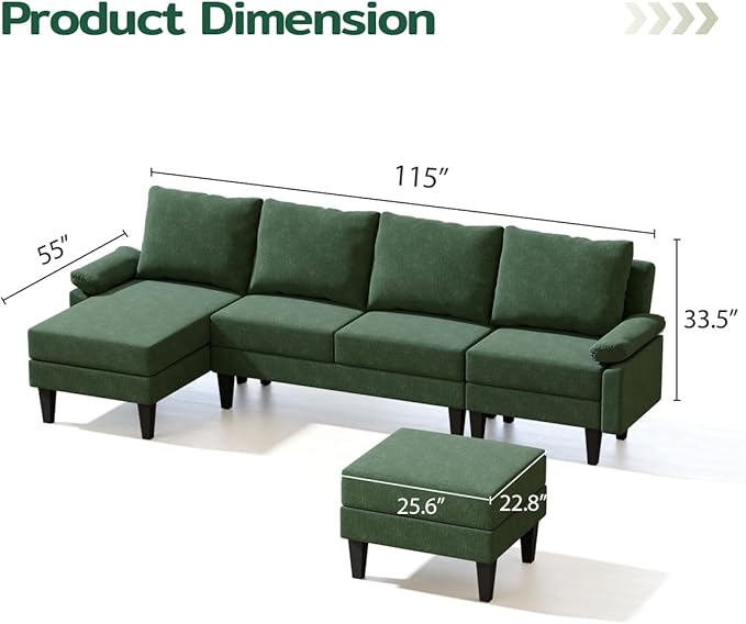 115 Inch Modular Sectional Sofa with Storage Ottoman Modern L-Shaped Sectional Couch with Chaise Chenille Couch for Living Room Apartment or Small Spaces Green