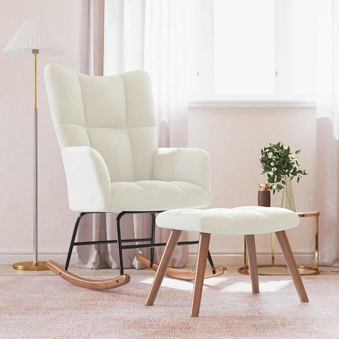 vidaXL Cream White Velvet Rocking Chair and Stool Set with Soft Padding Steel Frame and Wooden Rocking Rails