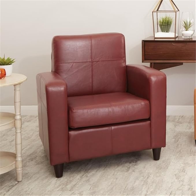 BOWERY HILL Modern Faux Leather Upholstered Club Chair 33.25 in H x 30 in W x 34 in D Red Finish Solid Wood Legs Tool-Free Assembly Comfortable Accent Seating for Living Room or Office