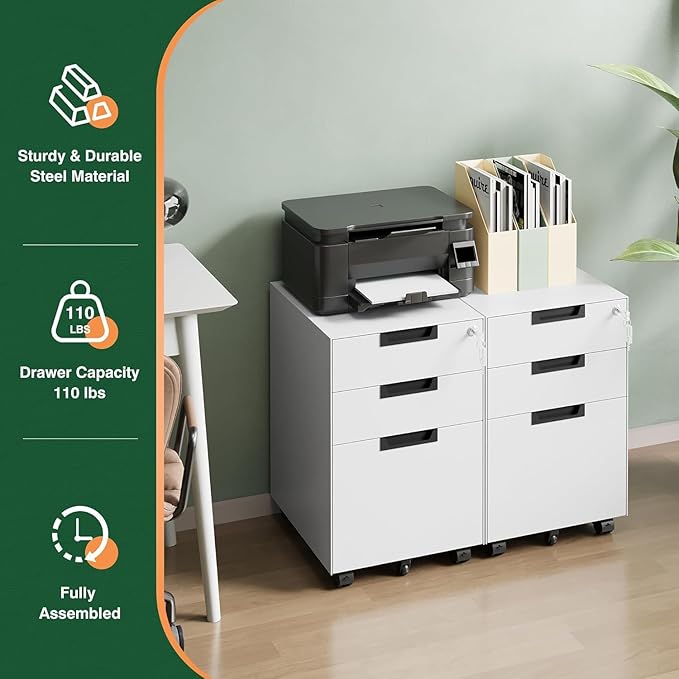 Letaya 3 Drawer Mobile File Cabinet with LockUnder Desk Metal Small Filing Cabinets for Home Office Organizer Letters/Legal/A4(Fully Assembled Except Wheels-White)