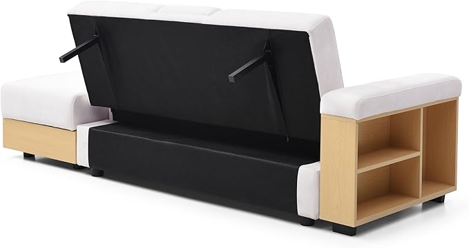 KEIKI Multi-Functional Sofa Sleeper with Storage Ottoman and Two Pull Out Drawer Fold Out Couch Bed with Side Storage Rack and Drop Down Table with 2 Cup Holders
