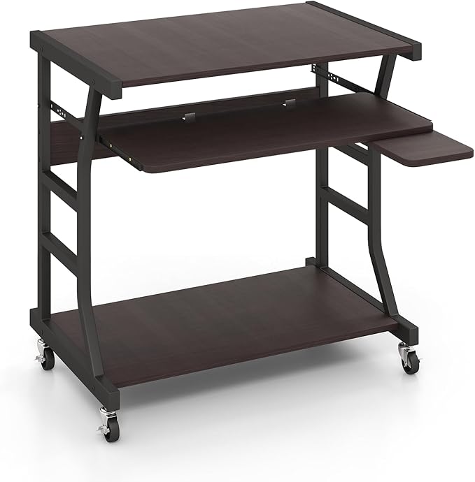 Tangkula Mobile Computer Desk with Keyboard Tray Portable Small Rolling Desk with Mouse Tray &amp Bottom Storage Shelf Rolling Laptop PC Desk Cart with Lockable Wheels for Small Space (Brown)