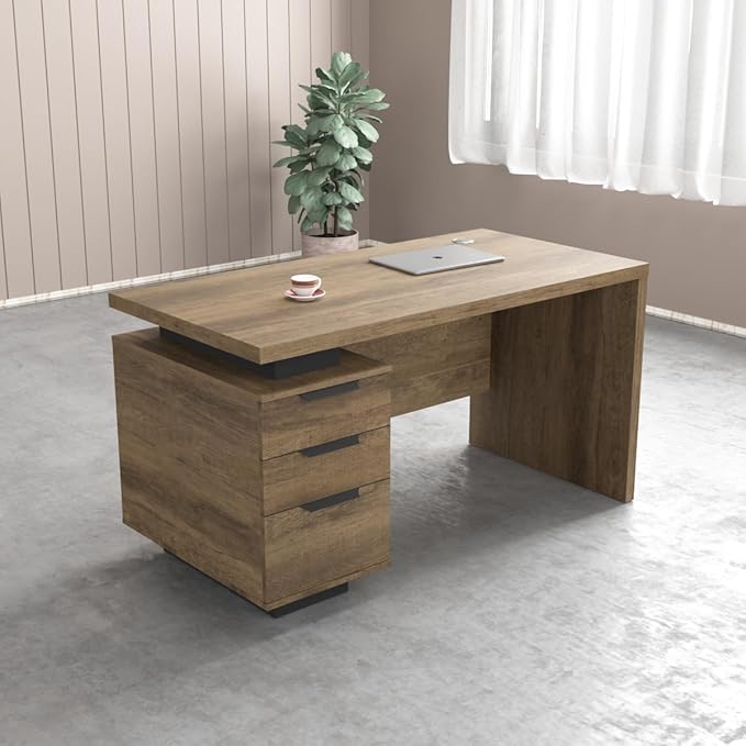 Modern Wooden Executive Desk with File Cabinet Sleek Office Standing Desk for Home and Business Home Office Table with 3 Drawers Walnut
