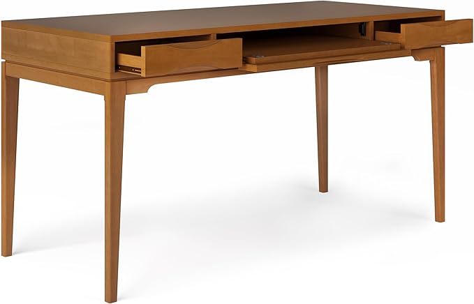 SIMPLIHOME Harper Desk - 60 Inch Wide Solid Wood Writing Desk in Light Golden Brown Mid-Century Modern Home Office Computer Table for Study with 2 Drawers and Flip-Down Keyboard Tray