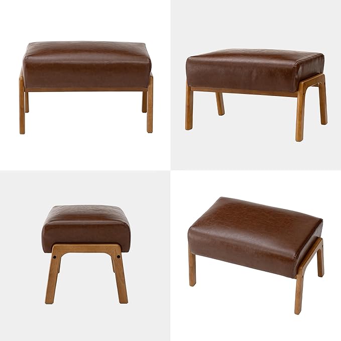 Glitzhome Rectangle Ottoman Bench Modern Coffee Leatherette Footstool with Walnut Rubberwood Legs for Living Room Bedroom