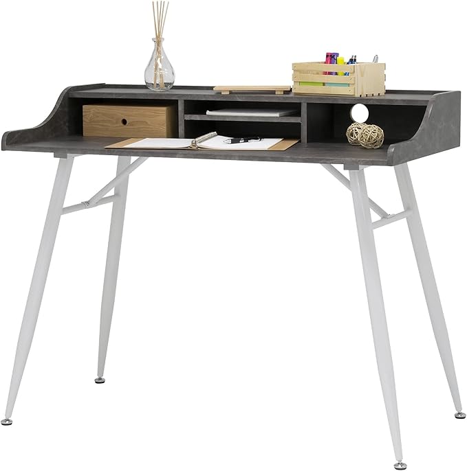 Calico Designs Woodford 45” Wide Modern Secretary Writing Desk with Low Storage Hutch and Whtie Metal Tapered Legs in Marbled Dark Grey White