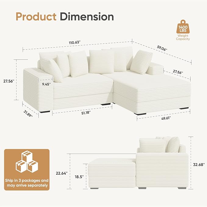 111'' Modern Sectional Cloud Sofa with Chaise Extra Large Sleeper Couches Corduroy with 8pcs Pillows for Living Room Bedroom