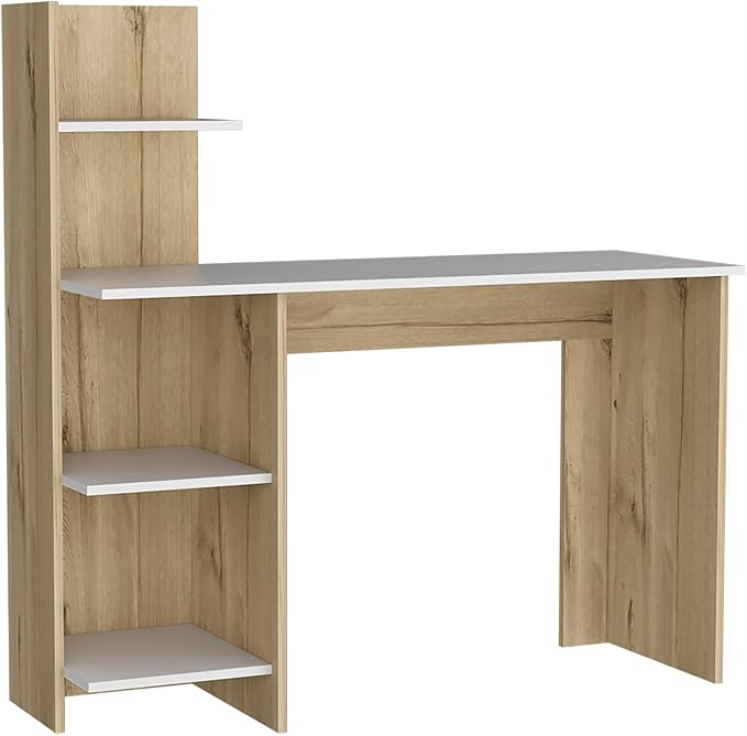 Study Desk with Three Shelves and Spacious White/Pine Finish - 47 Writing Surface for Laptops &amp Monitors - Modern Home Office Organization