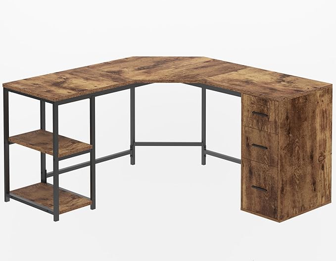 LVB Farmhouse L-Shaped Corner Desk with Drawers Reversible Home Office Executive Desk with Storage Cabinet Shelves Large Wood Metal L Shaped Table for Work Study Writing Gaming Rustic Brown 60 in