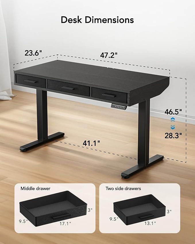 HUANUO Electric Standing Desk with Drawers C-Clamp Mount Compatible 48 x 24 Inch Height Adjustable Sit Stand Desk Fabric Drawers Home Office Stand Up Desk with 4 Custom Height Settings Black