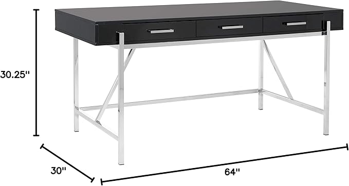 OSP Home Furnishings Broadway Modern Executive Desk with 3 Drawers and Charging Station Black Gloss Finish with Chrome Frame