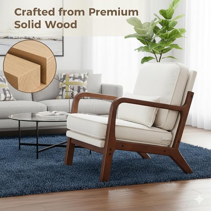 Simple Deluxe Mid-Century Modern Wood Accent Chair &amp Cozy Reading Chair Upholstered Living Room Chair with Waist Cushion Solid Wood Chair with Pillow for Bedroom Beige