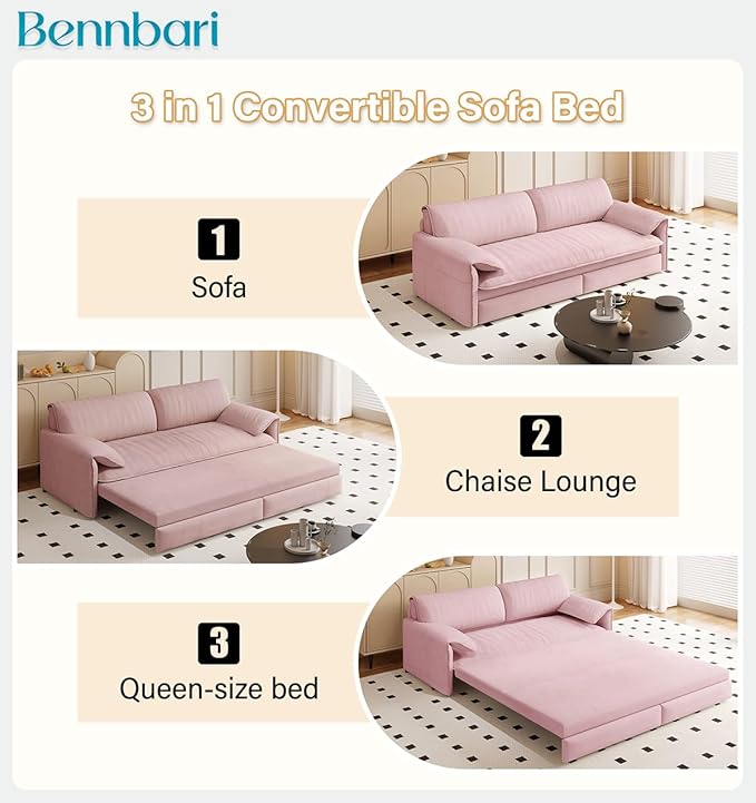 66'' Queen Pull Out Sofa Bed with Thickened Cushions 3-in-1 Convertible Velvet Sleeper Couch with Side Storage Loveseat Futon Lounge Recliner for Living Room Apartment Bedroom Small Space (Pink)