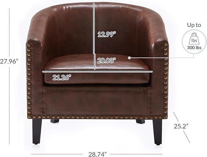 BELLEZE Accent Barrel Chair Modern Faux Leather Tub Club Chair Upholstered Armchair with Gold Nail Head Trim and Black Legs for Living Room Bedroom Apartment Lounge - Brown