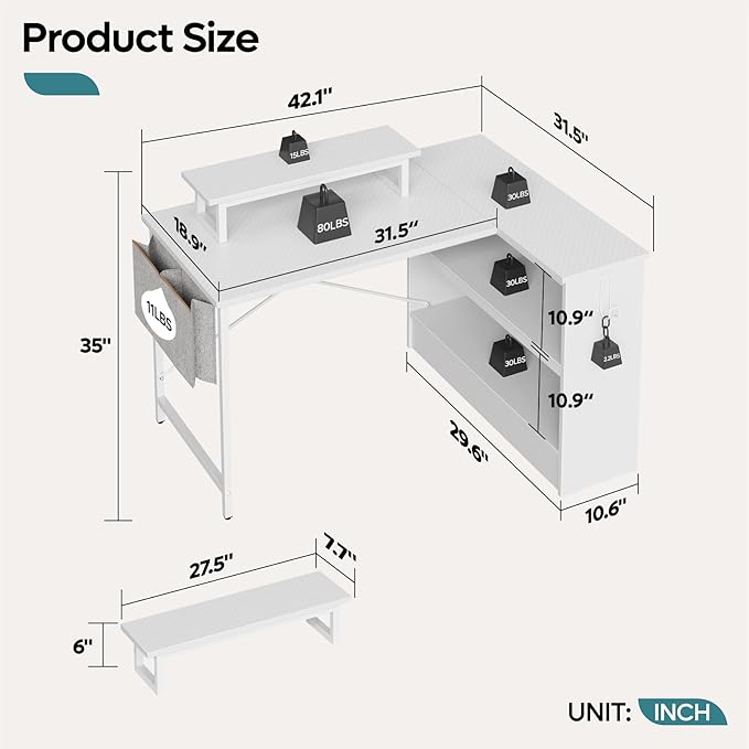 Bestier L Shaped Gaming Desk with LED Lights 42 Inch Computer Desk with Monitor Stand &amp Open Storage CabinetWriting Study Corner Desk for Home Office Bedroom White