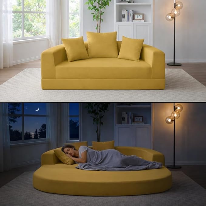 Convertible Round Sofa Bed 67 Corduroy Upholstered Loveseat Sleeper Couch Pull-Out Floor Bed with 3 Pillows No Assembly 550 lbs Weight Capacity (Yellow)