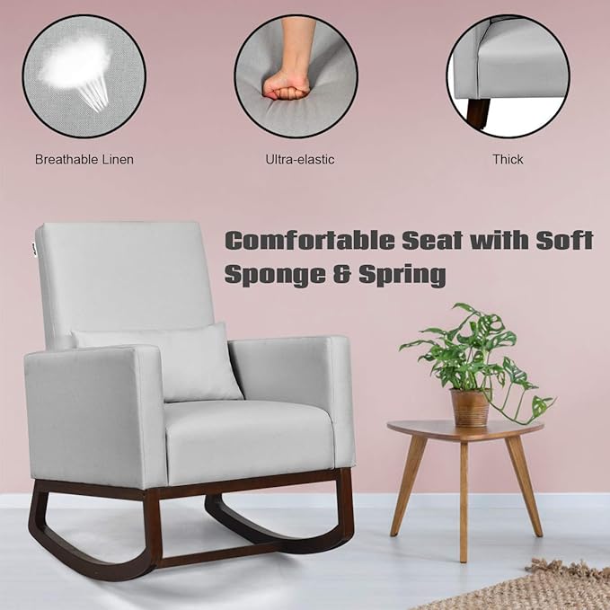 Giantex Rocking Chair Fabric High Back Armchair with Waist PillowWooden Tapered &amp Rocking Dual Legs Multifunctional Upholstered Accent Chair for Nursery Living Room Bedroom Rocker(1 Sliver)