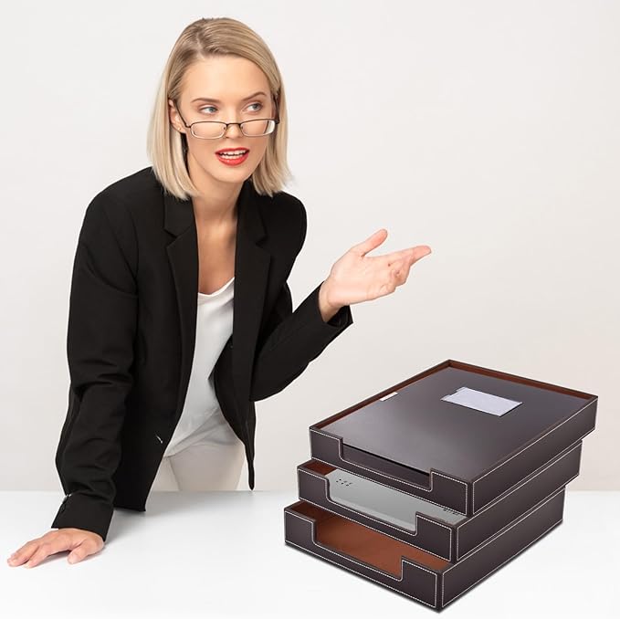 Leather Letter Tray Office Supplies Desk Organizer for Mail Paper Files Magazines Jewelry CosmeticsLuxury Letter Holder&ampMultipurpos Stackable Office Desktop Storage BoxCoffee