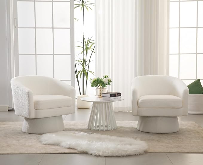 Boucle Swivel Accent Chairs Set of 2 White Barrel Arm Chair Round Cozy Upholstered Modern Sherpa Fabric Single Sofa Chair for Living Room/Bedroom/Reading