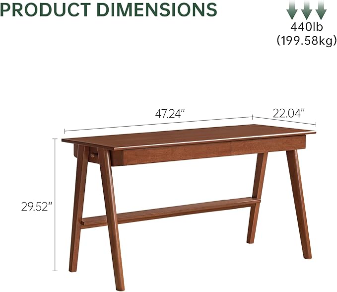 100% Solid Wood Desk Home Office Desk Mid Century Modern Rubberwood Writing Computer Desk with Drawer for Home Office 47 W