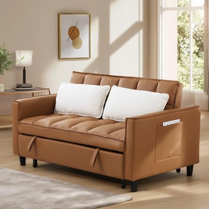 3 in 1 Convertible Sofa Bed Love Seat Sleeper Bed with Side Pockets PU Fabric Pull Out Couch with Adjustable Backrest for Living Room Bedroom Apartment Brown