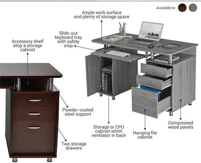 Scranton &amp Co Transitional Wood Computer Office Desk 48 W x 24 D x 30 H Chocolate Finish MDF Construction Built-in Storage CPU Stand Compartment Home Office Desk for Work or Study