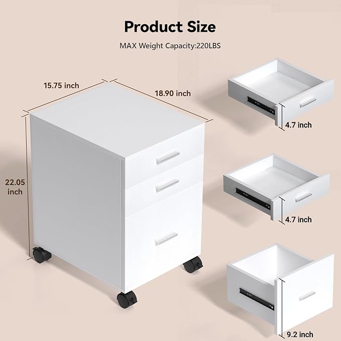 3 Drawer File Cabinet with WheelsPre-Assembled Brown Wood OrganizerFits A4/Letter Size for Home OfficeMobile Printer Stand Storage19 L x 16 W x 22 H (White)