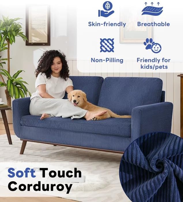 Tbfit Corduroy Couch for Living Room Mid Century Modern Sofa with Spring Cusions for BedroomComfy Upholstered Couches Easy Assembly with Solid Wood Legs &amp 2 Pillows (Blue 65inch)