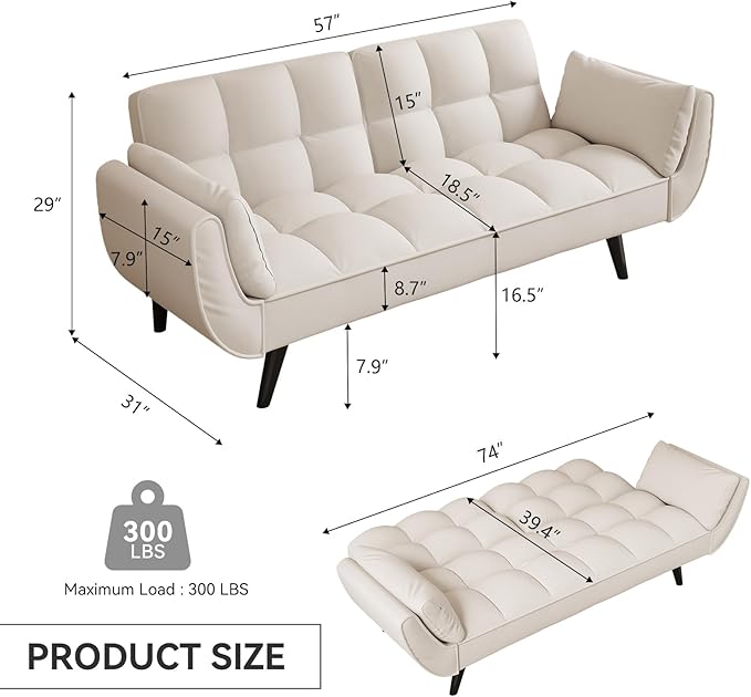 KINFFICT 57 inch Beige Futon Sofa Couch Bed Comfy Velvet Upholstered Loveseat Convertible Sleeper Sofa cama with Adjustable Backrest Mid Century Modern Sofas for Living Room Bedroom Small Space