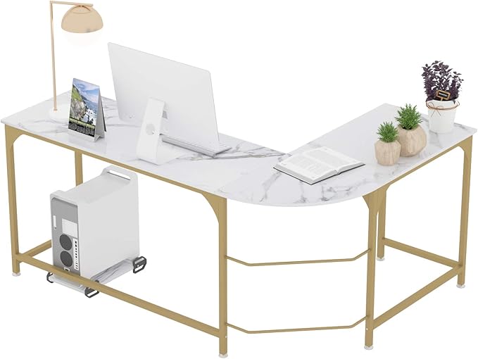 Teraves Reversible L Shaped Desk White - 66.1 Corner Gaming Computer Desk Office Workstation Modern Home Study Writing Table Marble Gold