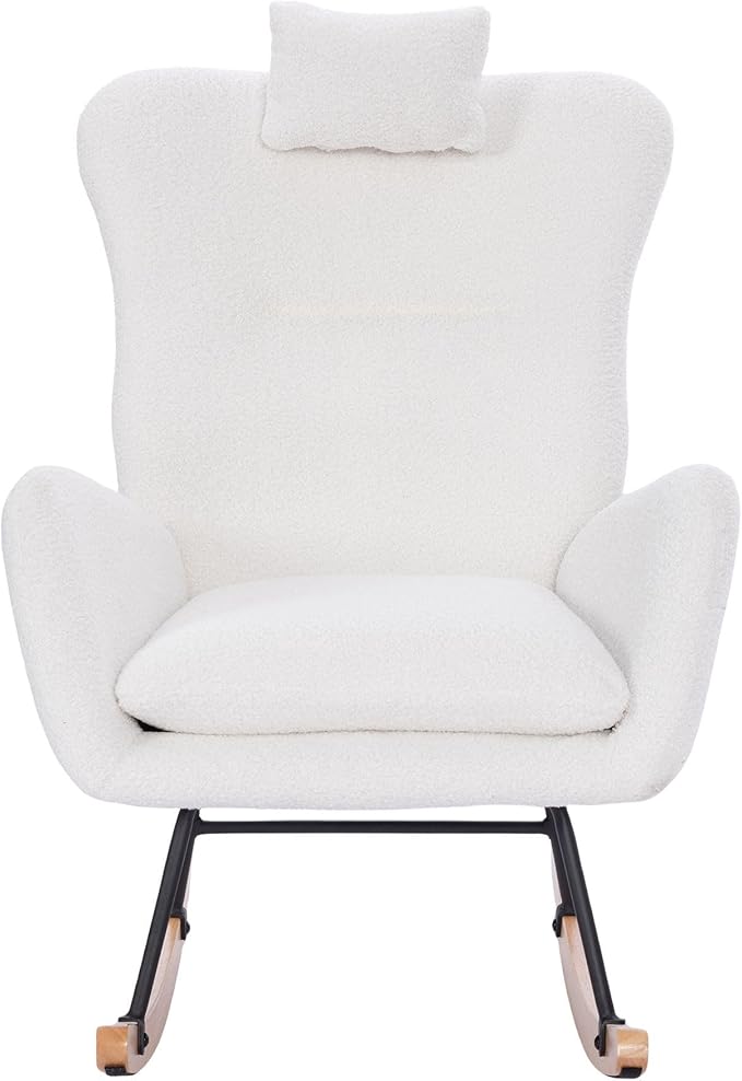 Upholstered Nursery Rocking Chair for Living Room BedroomWhite Teddy