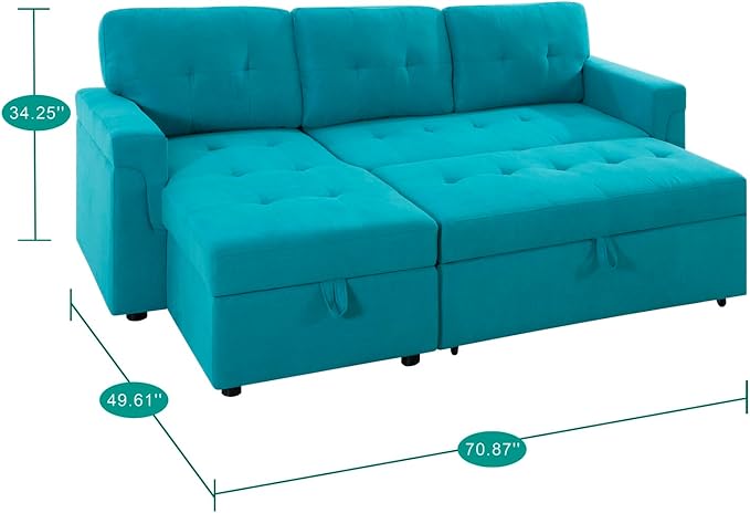 Naomi Home Teal Velvet Sectional Sleeper Sofa with Storage Reversible L-Shaped Pull-Out Couch 72x32x32 inches Jenny