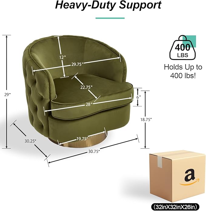 Modern Accent Chair Swivel Barrel Armchair for Living Room Button Tufted Velvet Comfy Chairs Round Upholstered Single Sofa Seating with Gold Base Green