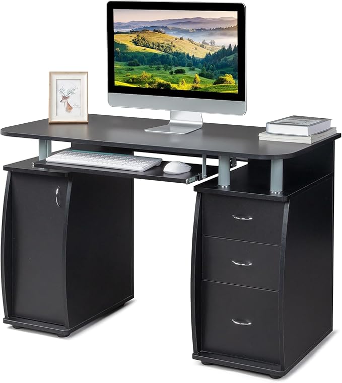 Karl home Computer Desk with Drawers &amp Storage Cabinet Small Office Desk PC Laptop Workstation for Home Studio Office Apartment Black