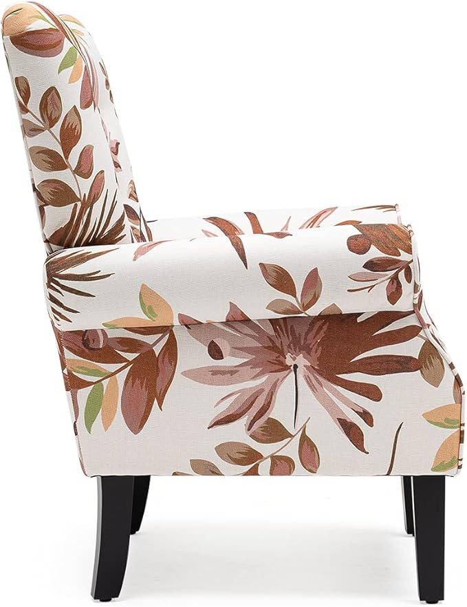 YOLENY Mid Century Wingback Arm ChairModern Upholstered Fabric High Back Accent Chair with Wood LegsUpholstered Single Sofa Club Chair for Living Room Bedroom Home OfficeRed Leaves