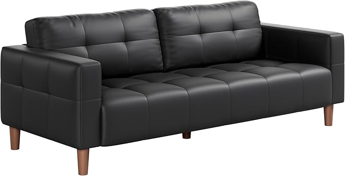 3-Seater Sofa Couch 83 in Wide Faux Leather Sofa Couch with Spring Cushion Modern Sofa with Deep Seats and 2 Removable Back Cushions for Living Room Bedroom Apartment Black