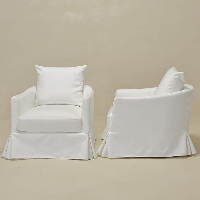 KINWELL 32 Wide Upholstered Down Fill Slipcovered Swivel Barrel Armchair Set of 2 Modern Comfy Swivel Accent Chair with Pillow Back for Living Room Bedroom Fully Assembled (Pearl White)
